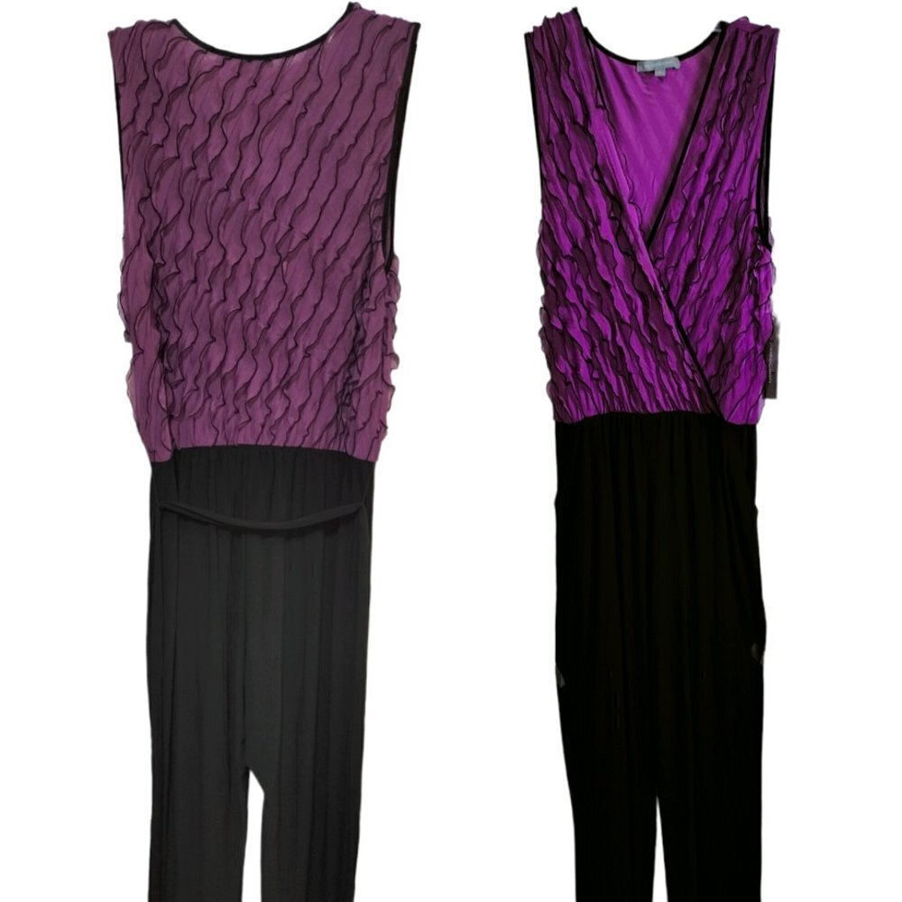 (681) NY Collection Ruffle Purple Upper & Black Pants Jumpsuit Size Medium